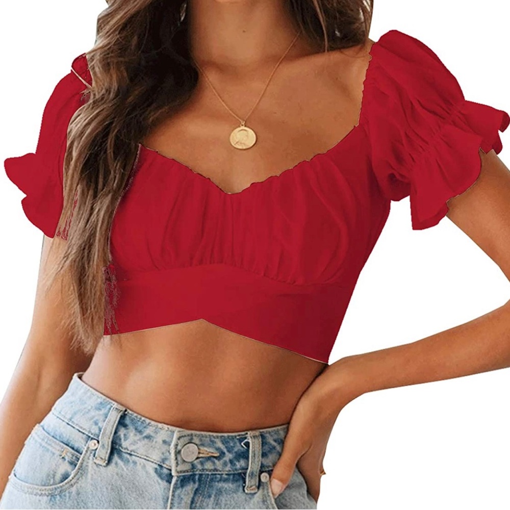 Red Ruffle Crop Top w Tie Up Back (Women’s small)